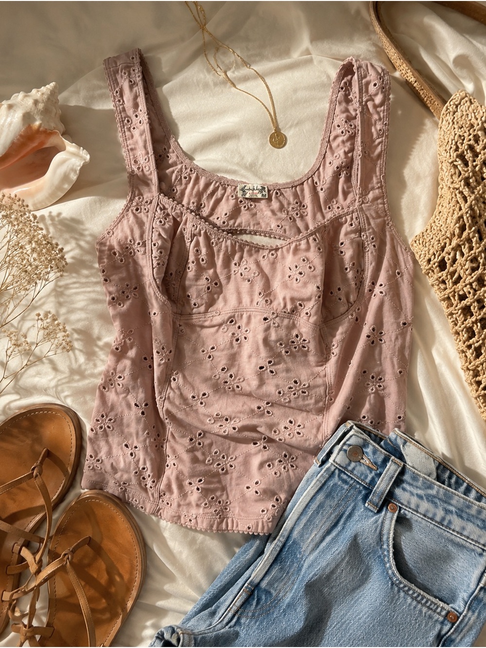 Free People Intimately Eyelet Corset Tank Blush Pink Boho